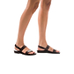 Model wearing Golan brown, handmade leather sandals with back strap 