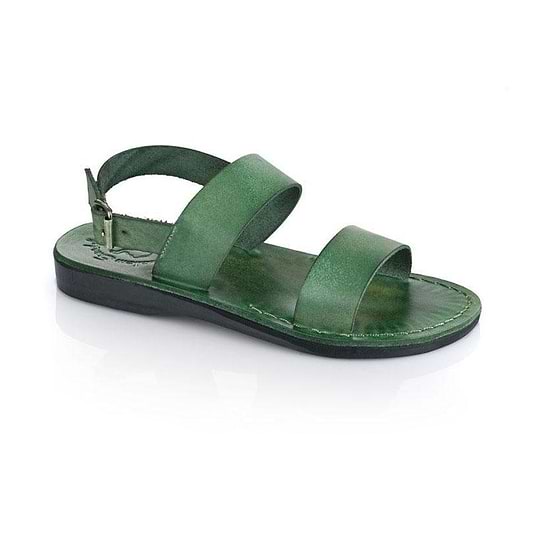 Golan green, handmade leather sandals with back strap - Front View