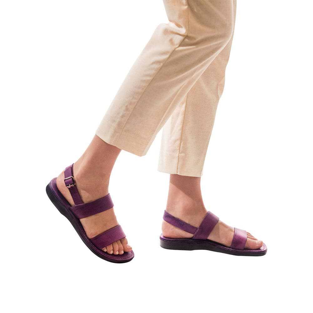 Model wearing Golan violet, handmade leather sandals with back strap 