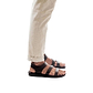 Model wearing Jared brown, handmade leather sandals with back strap and toe loop