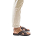 Model wearing Jesse brown, handmade leather slide sandals - Front View