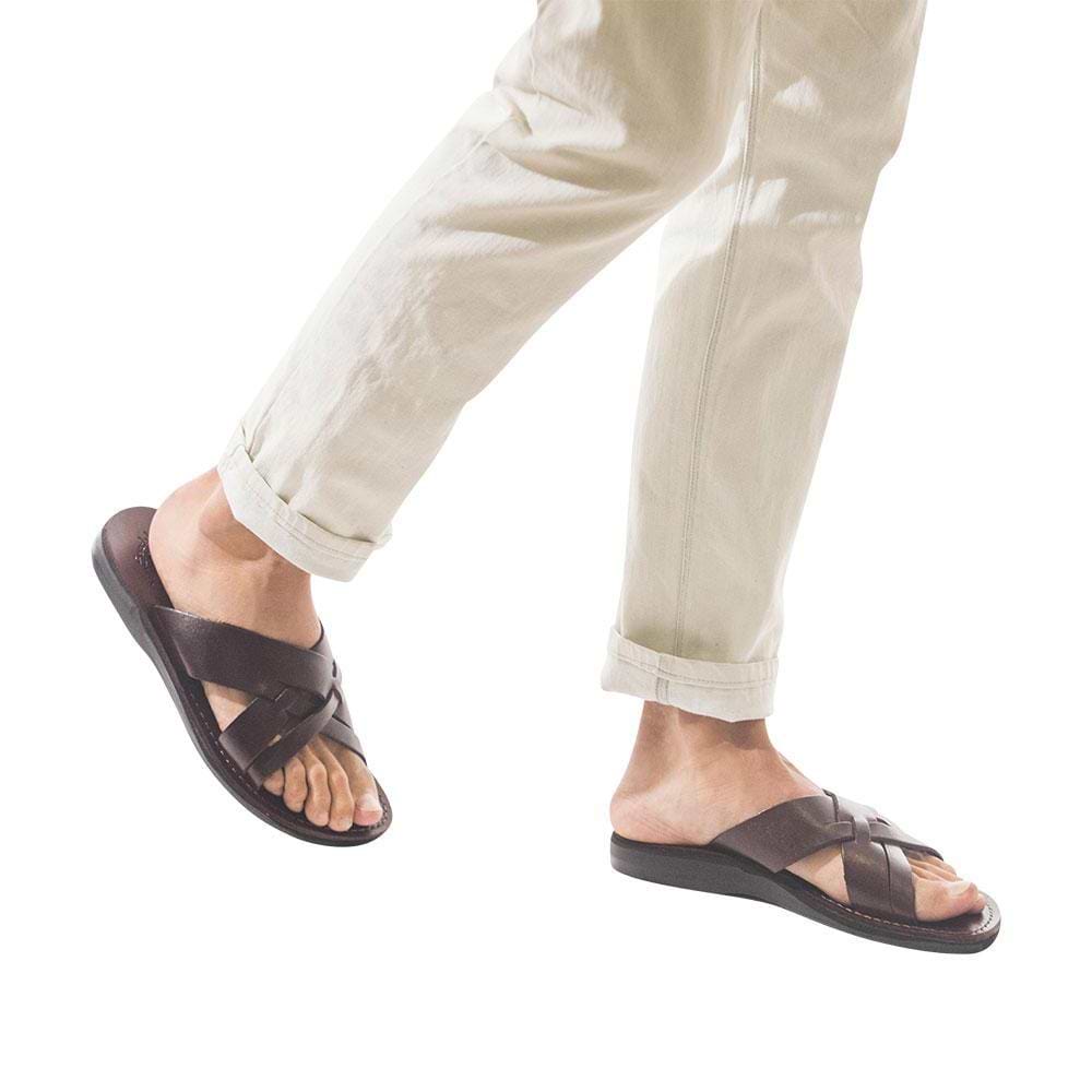 Model wearing Jesse brown, handmade leather slide sandals - Front View