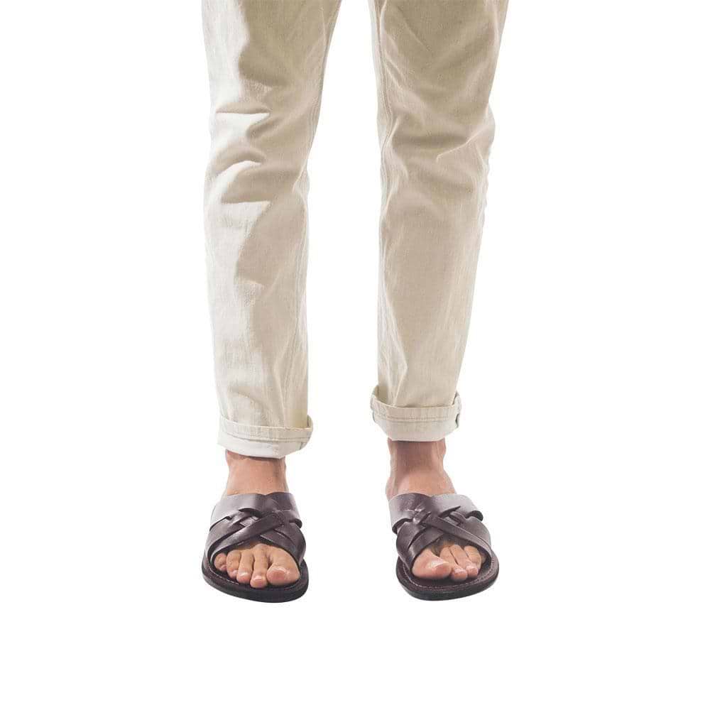 Model wearing Jesse brown, handmade leather slide sandals - Front View