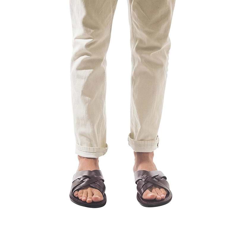 Model wearing Jesse brown, handmade leather slide sandals - Front View