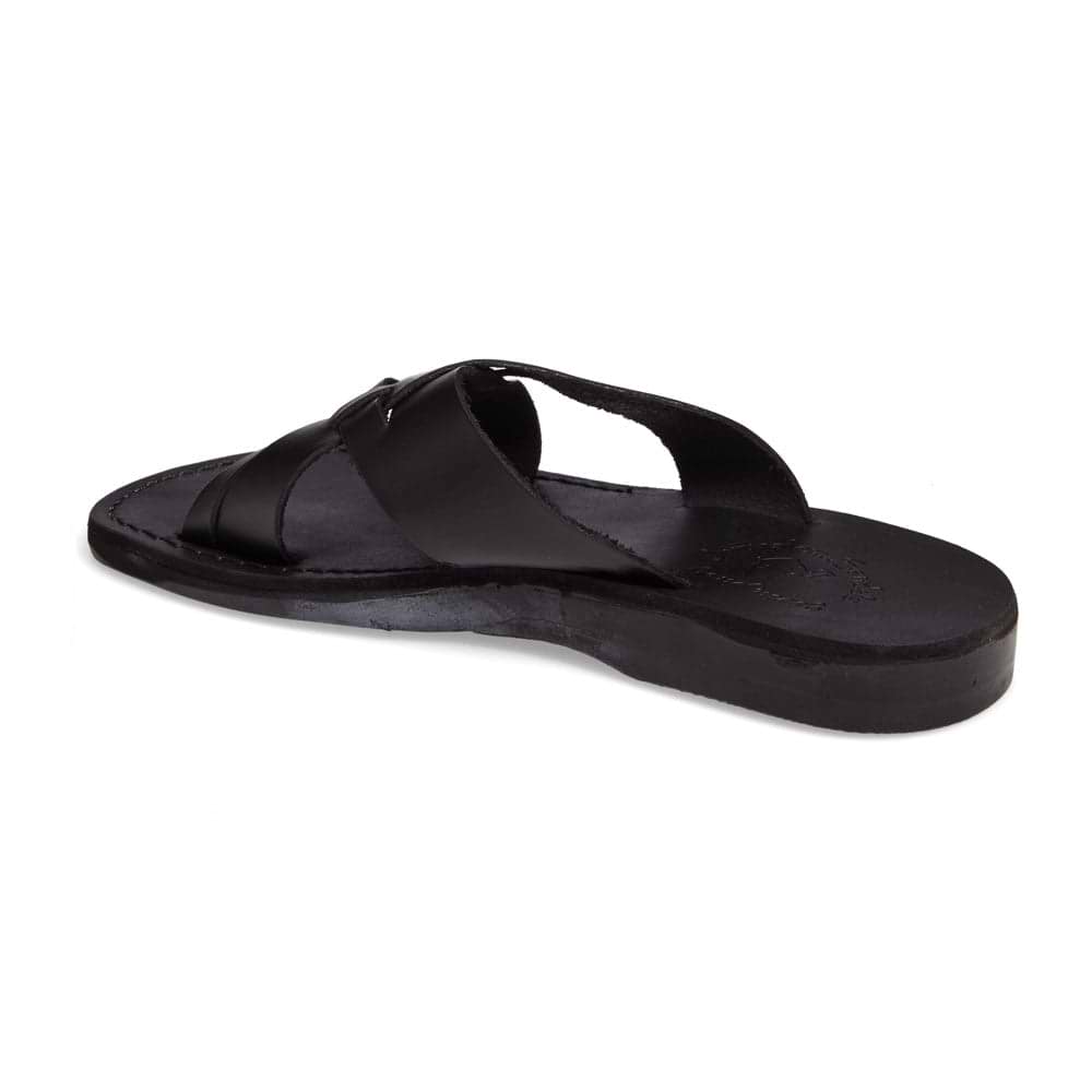 Jesse black, handmade leather slide sandals - back View
