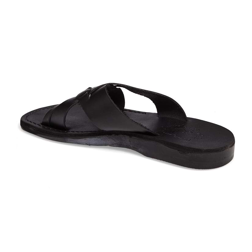 Jesse black, handmade leather slide sandals - back View