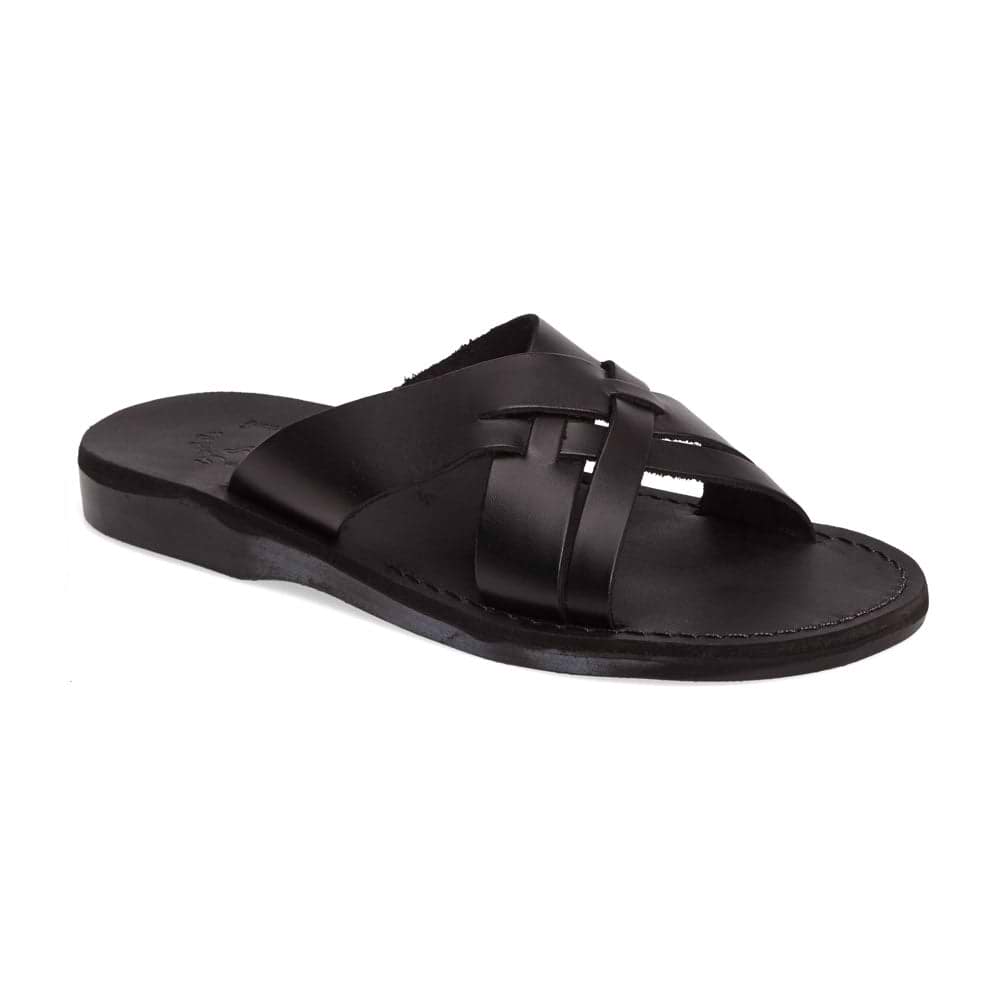 Jesse black, handmade leather slide sandals - Front View
