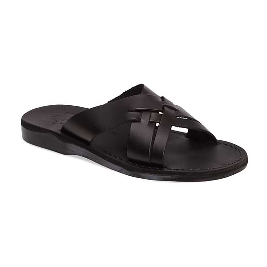Jesse black, handmade leather slide sandals - Front View
