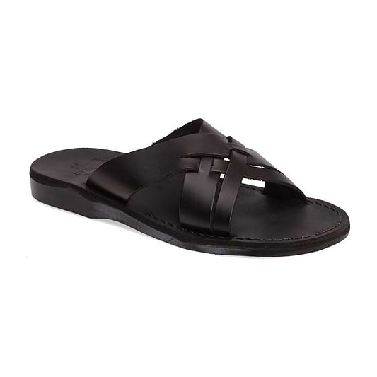 Jesse black, handmade leather slide sandals - Front View