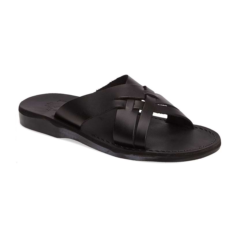 Jesse black, handmade leather slide sandals - Front View