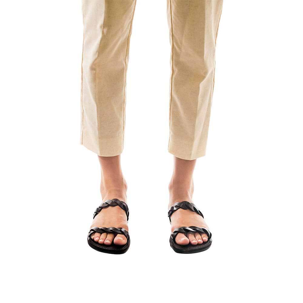 Model wearing Joanna brown, handmade leather slide sandals
