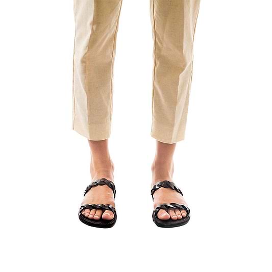 Model wearing Joanna brown, handmade leather slide sandals