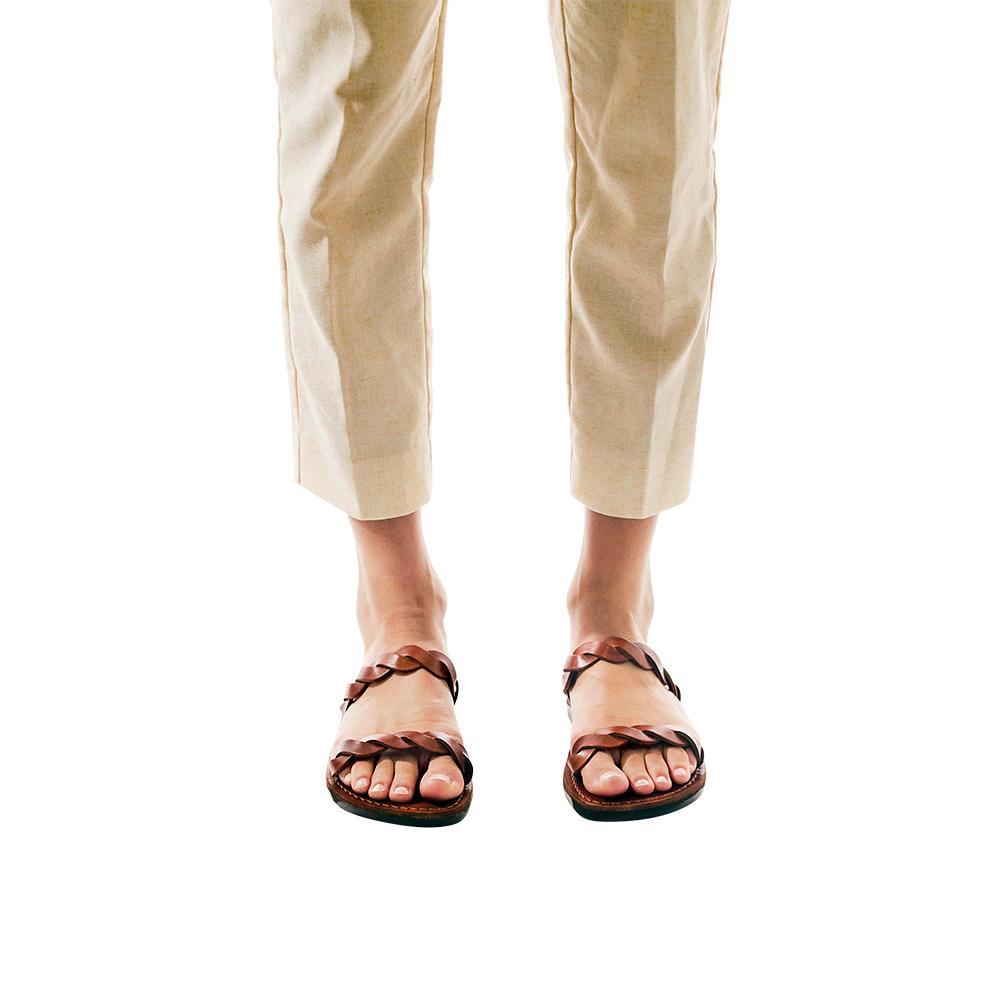 Model wearing Joanna honey, handmade leather slide sandals