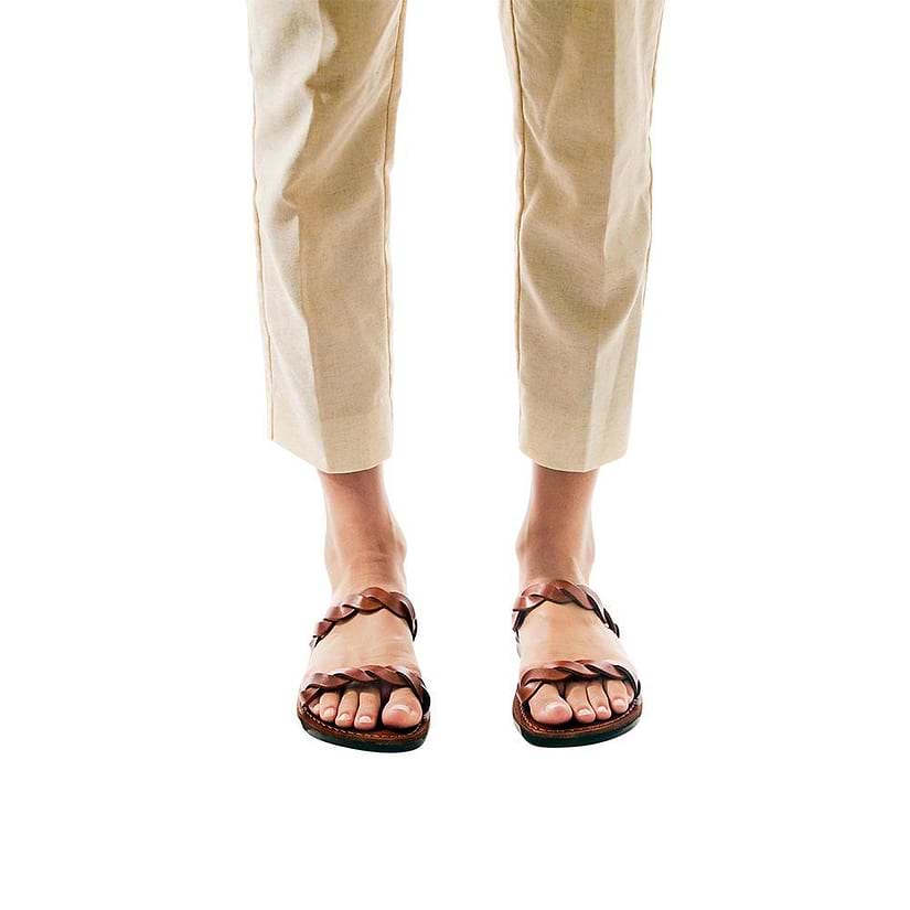 Model wearing Joanna honey, handmade leather slide sandals