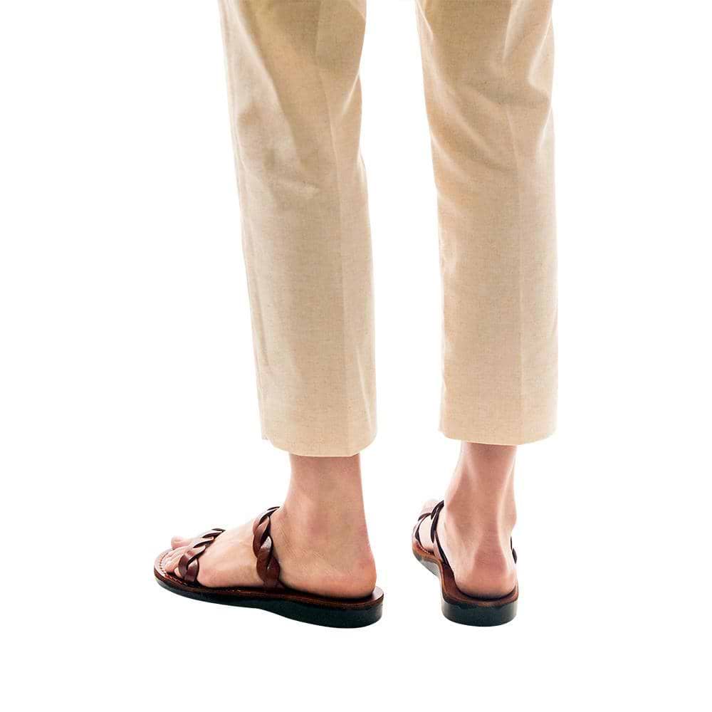 Model wearing Joanna honey, handmade leather slide sandals