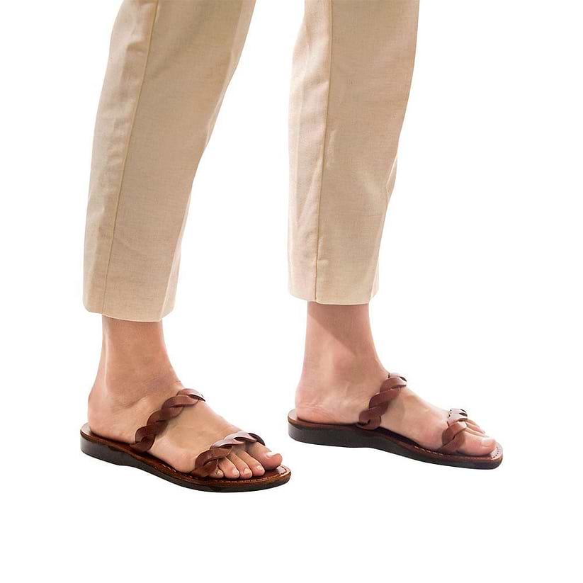 Model wearing Joanna honey, handmade leather slide sandals