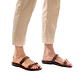 Model wearing Joanna honey, handmade leather slide sandals