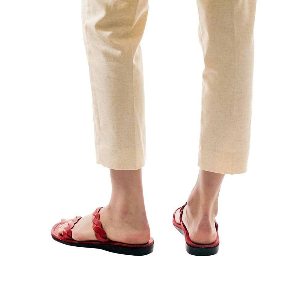 Model wearing Joanna red, handmade leather slide sandals