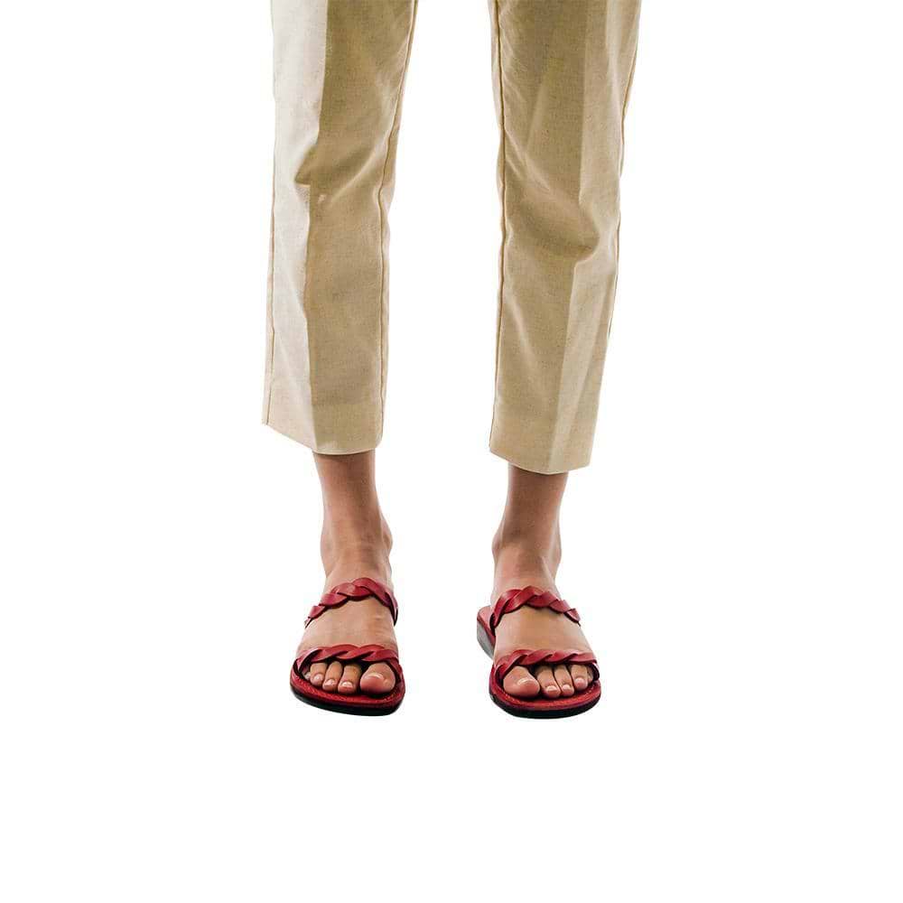 Model wearing Joanna red, handmade leather slide sandals