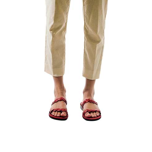 Model wearing Joanna red, handmade leather slide sandals