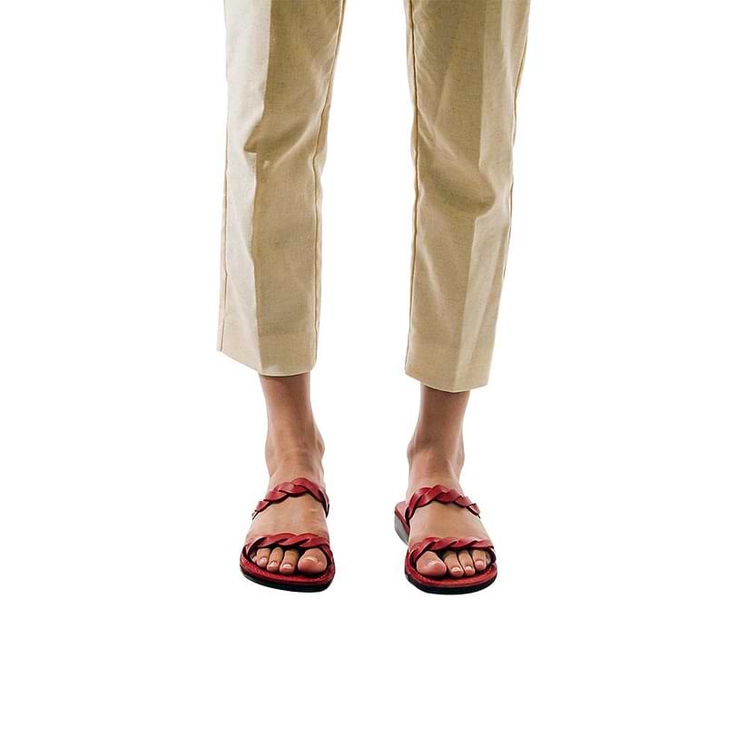 Model wearing Joanna red, handmade leather slide sandals