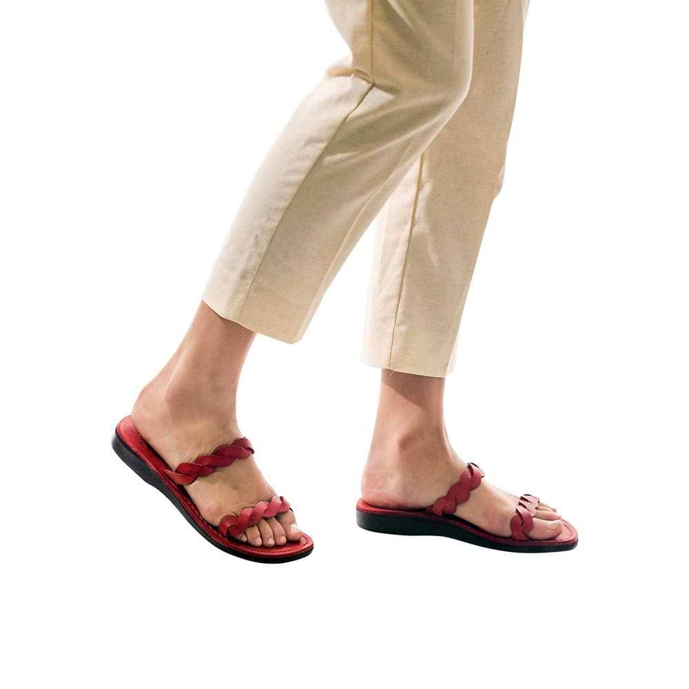 Model wearing Joanna red, handmade leather slide sandals