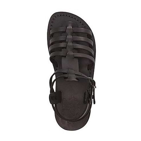 Leah black, handmade leather sandals with back strap  - Side View
