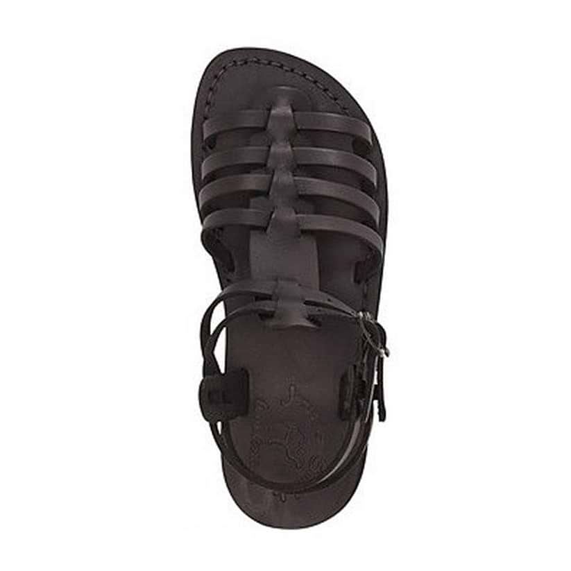 Leah black, handmade leather sandals with back strap  - Side View