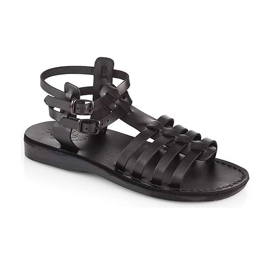 Leah black, handmade leather sandals with back strap - Front View
