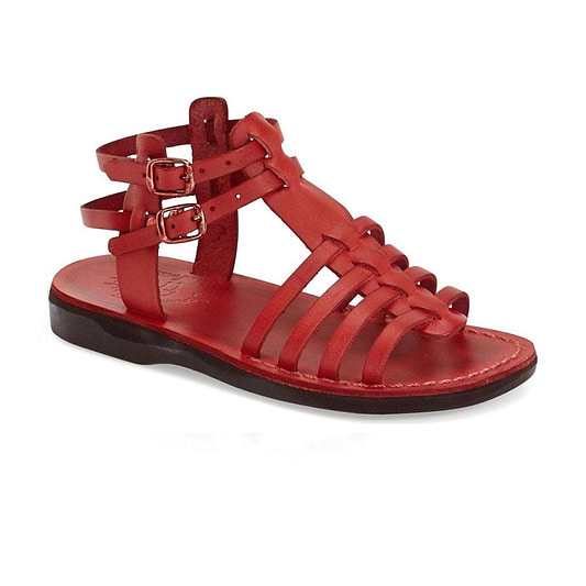 Leah red, handmade leather sandals with back strap - Front View