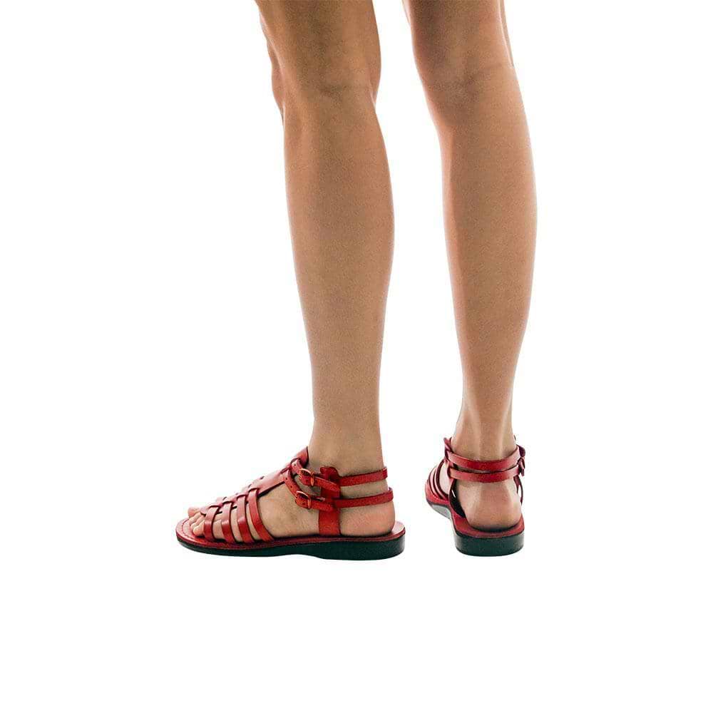 Model wearing Leah red, handmade leather sandals with back strap