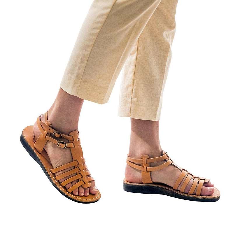 Model wearing Leah tan, handmade leather sandals with back strap  