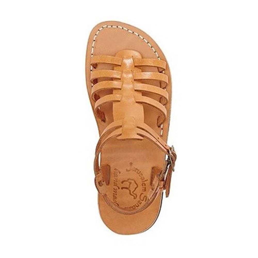 Leah tan, handmade leather sandals with back strap  - Side View