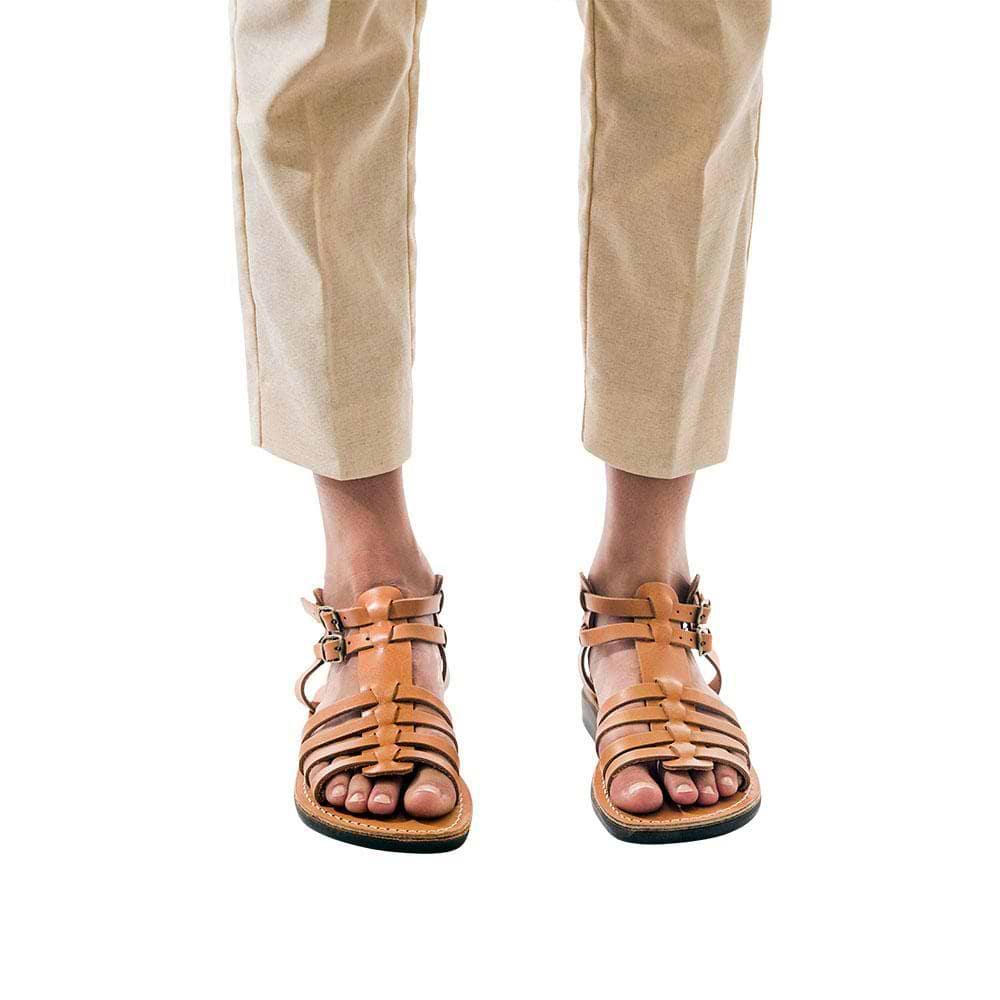 Model wearing Leah tan, handmade leather sandals with back strap  