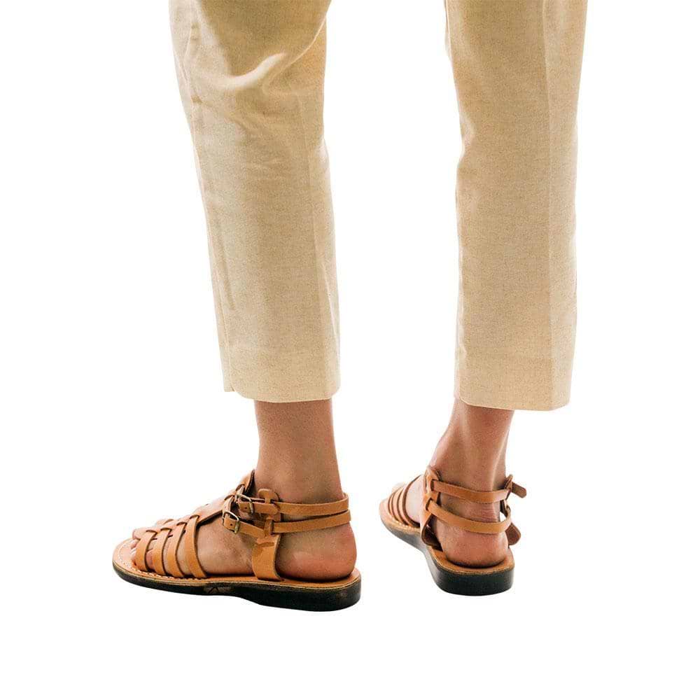 Model wearing Leah tan, handmade leather sandals with back strap  
