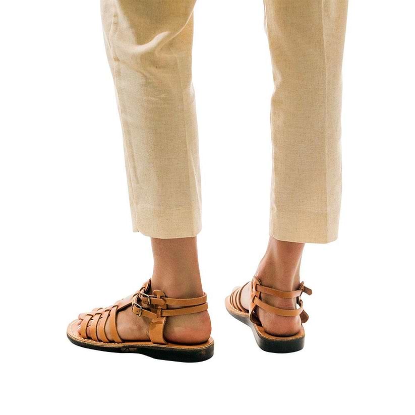 Model wearing Leah tan, handmade leather sandals with back strap  