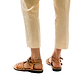 Model wearing Leah tan, handmade leather sandals with back strap  