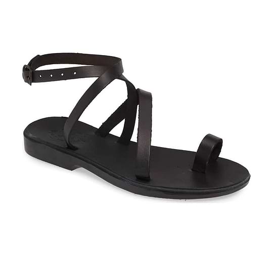 Mara black, handmade leather sandals with back strap and toe loop  - Front View
