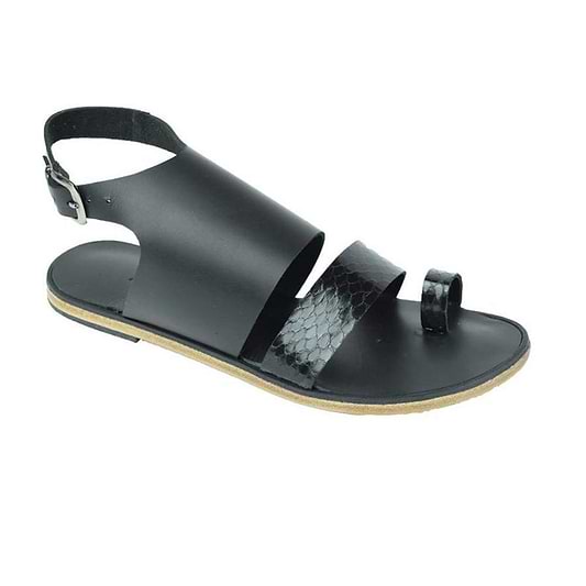 Abbot Kinney Blvd black snake, handmade leather buckle sandals with front toe loop - Side View