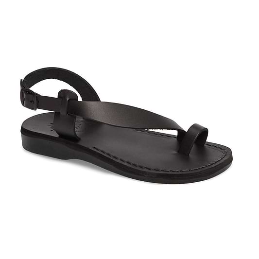 Mia black, handmade leather sandals with back strap and toe loop - Front View