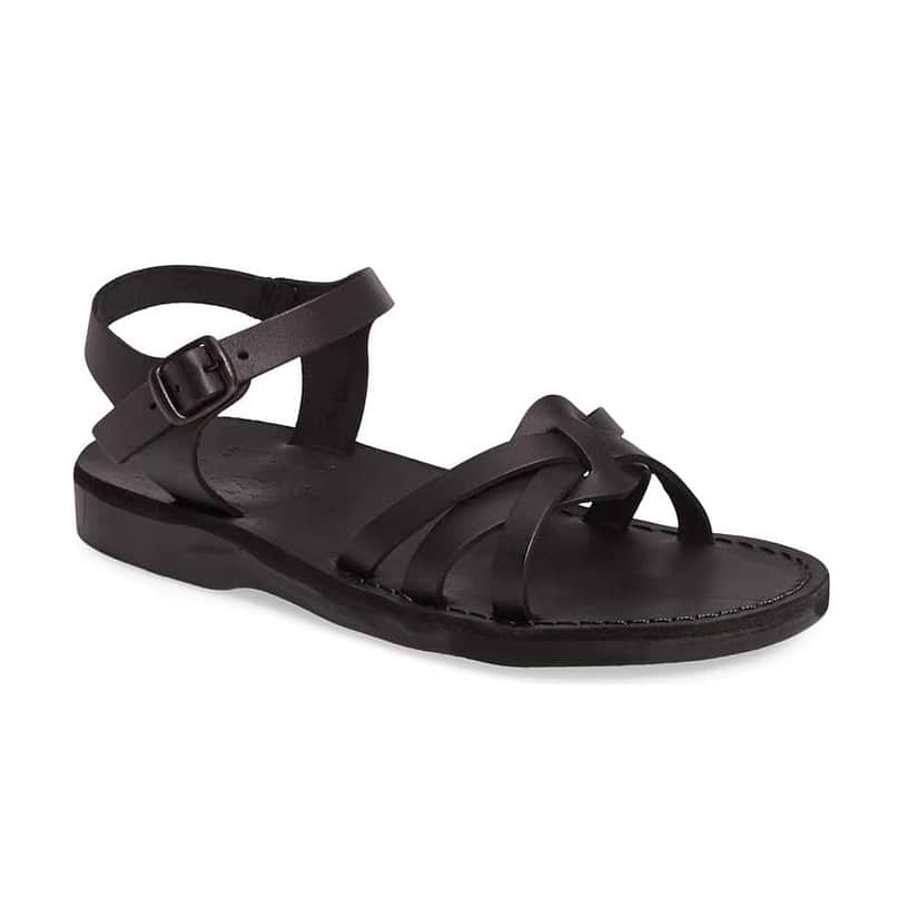 Miriam black, handmade leather sandals with back strap  - Front View