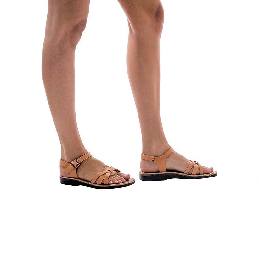 Model wearing Miriam tan, handmade leather sandals with back strap  