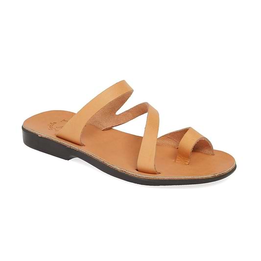 Noah Tan, handmade leather slide sandals with toe loop - Front View