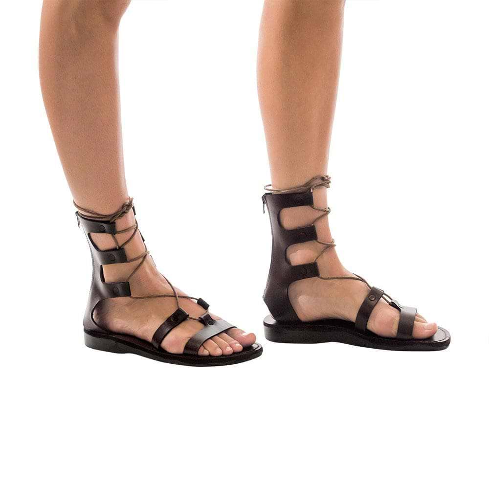 Model wearing Rebecca brown, handmade leather sandals with back strap  