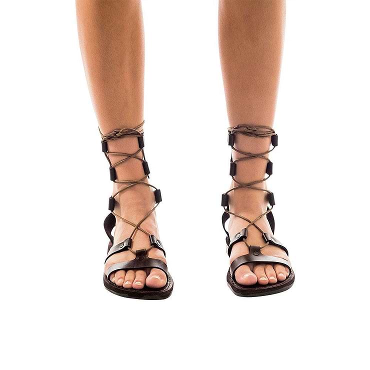 Model wearing Rebecca brown, handmade leather sandals with back strap  