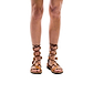 Model wearing Rebecca tan, handmade leather sandals with back strap  