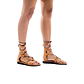 Model wearing Rebecca tan, handmade leather sandals with back strap  
