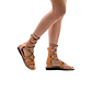 Model wearing Rebecca tan, handmade leather sandals with back strap  