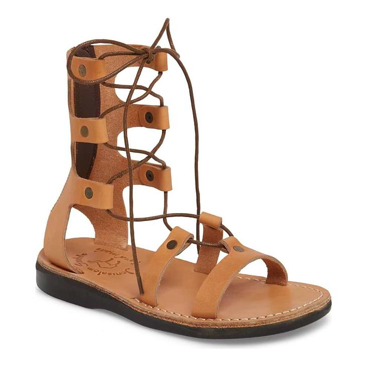 Rebecca Tan, handmade leather sandals with back strap  - Front View