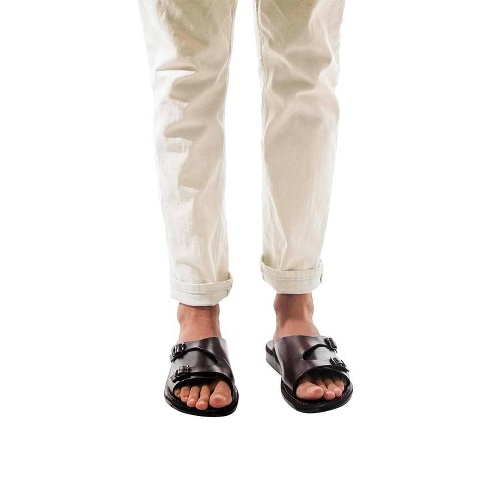 Model wearing Seth Brown, handmade leather slide sandals